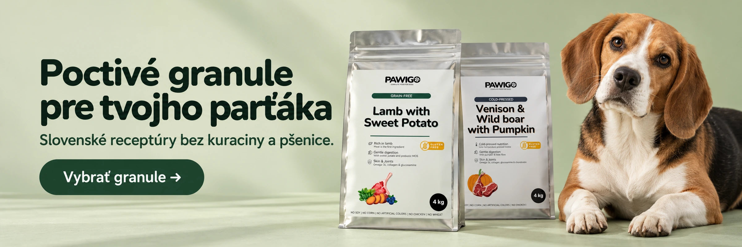 Poctivé granule pre tvojho parťáka. Slovenské receptúry bez kuraciny a pšenice. Vybrať granule.
